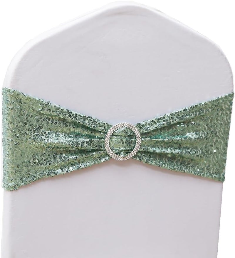 SINSSOWL Sequin Sage Green Chair Sashes 50 Pack, Sage Chairs Bows for Party, Glitter Chair Bands with Silver Buckles for Wedding Banquets Birthday Anniversary Bridal Shower Events Decorations - Image 1